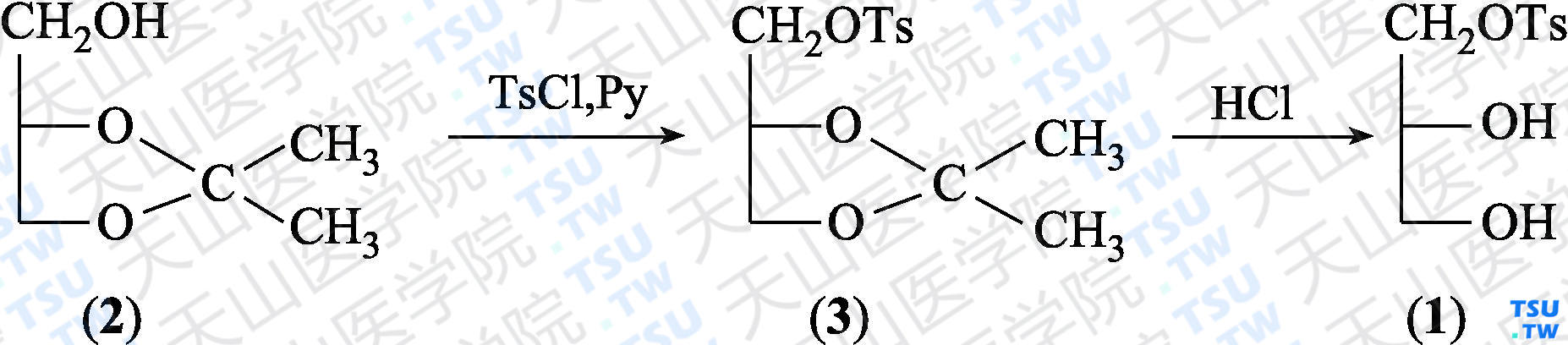 （<i>R</i>）-对甲基苯磺酸-1-甘油酯（分子式：C<sub>10</sub>H<sub>14</sub>O<sub>5</sub>S）的合成方法路线及其结构式