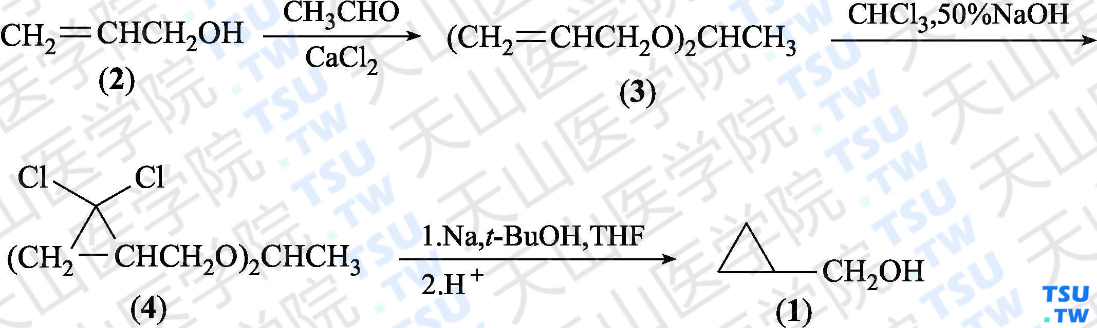环丙基甲醇（分子式：C<sub>4</sub>H<sub>8</sub>O）的合成方法路线及其结构式