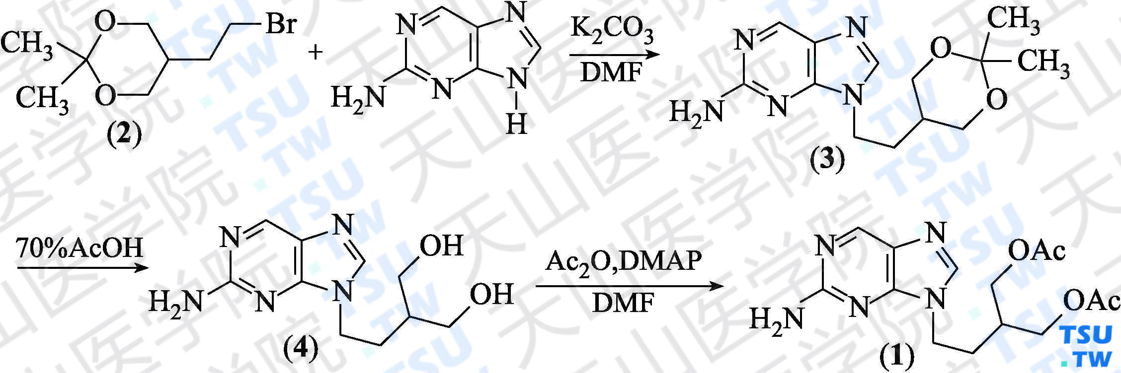 泛昔洛韦（分子式：C<sub>14</sub>H<sub>19</sub>N<sub>5</sub>O<sub>4</sub>）的合成方法路线及其结构式