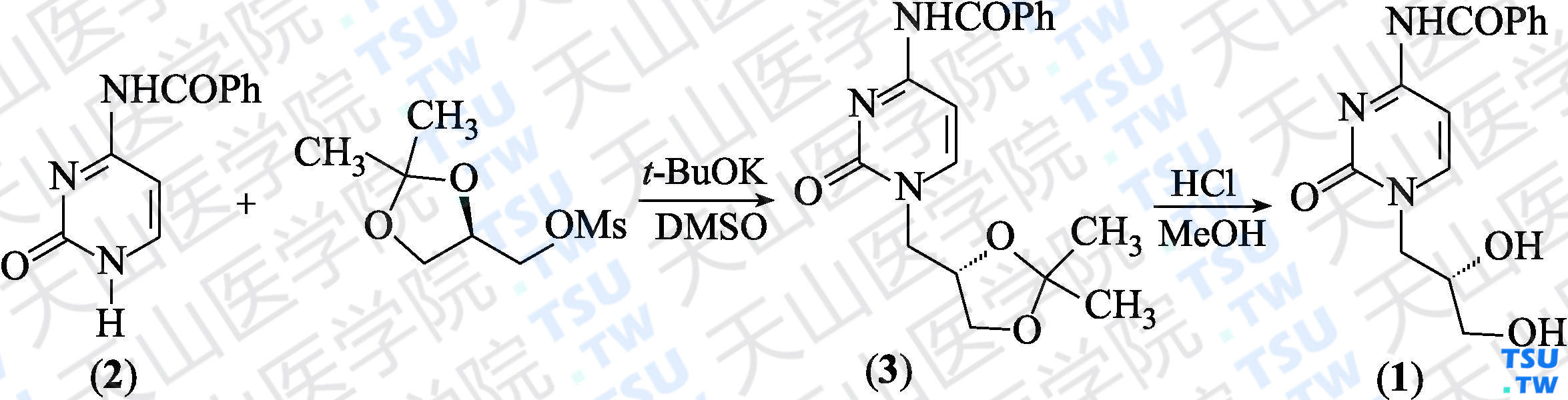 （<i>S</i>）-<i>N</i><sup>1</sup>-（2，3-二羟基丙基）-<i>N</i><sup>4</sup>-苯甲酰胞嘧啶（分子式：C<sub>14</sub>H<sub>15</sub>N<sub>3</sub>O<sub>4</sub>）的合成方法路线及其结构式