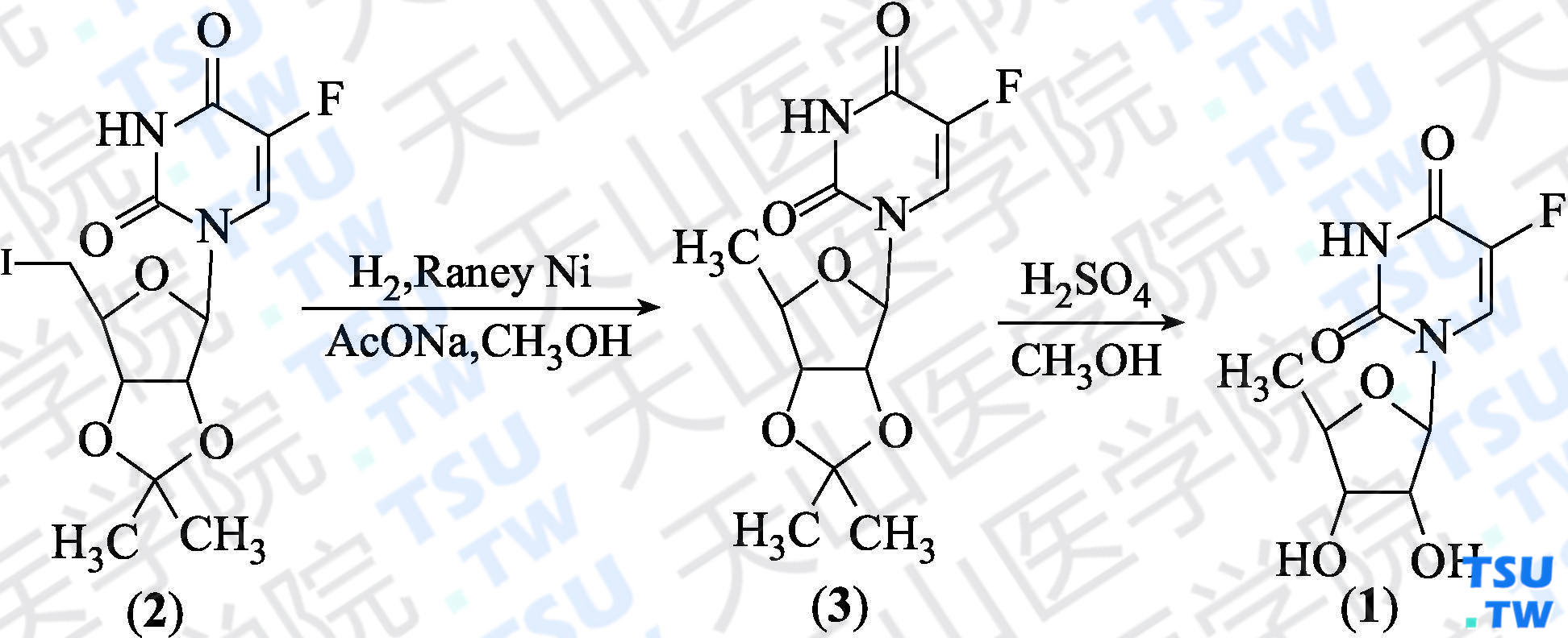去氧氟脲苷（分子式：C<sub>9</sub>H<sub>11</sub>FN<sub>2</sub>O<sub>5</sub>）的合成方法路线及其结构式