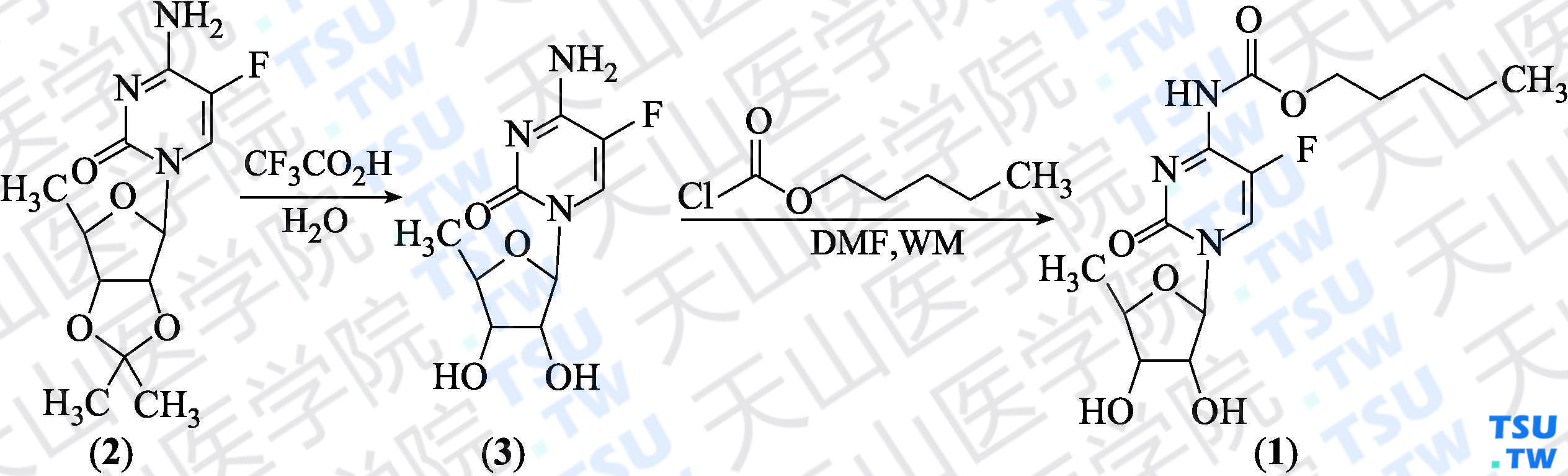 卡培他滨（分子式：C<sub>15</sub>H<sub>22</sub>F O<sub>6</sub>N<sub>3</sub>）的合成方法路线及其结构式