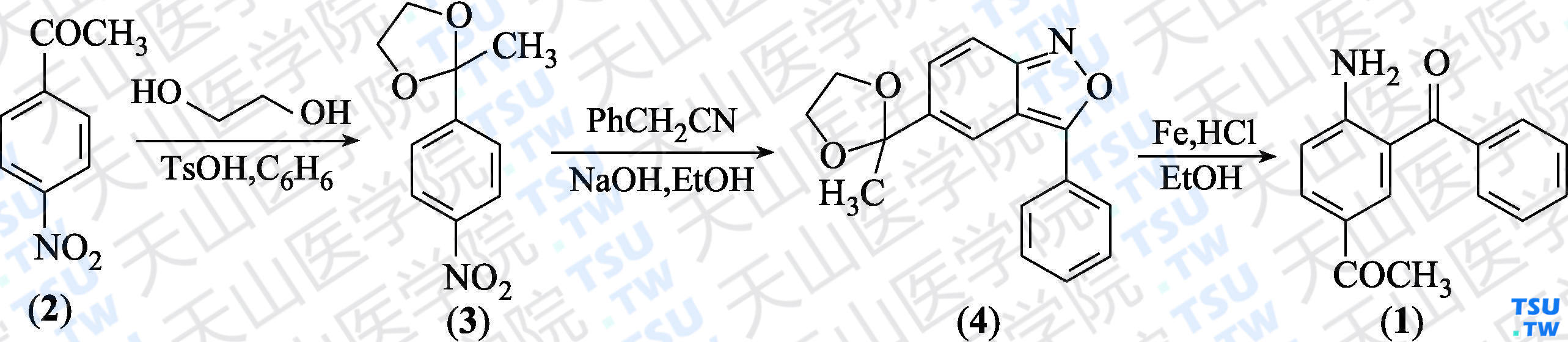 2-氨基-5-乙酰基二苯甲酮（分子式：C<sub>15</sub>H<sub>13</sub>NO<sub>2</sub>）的合成方法路线及其结构式