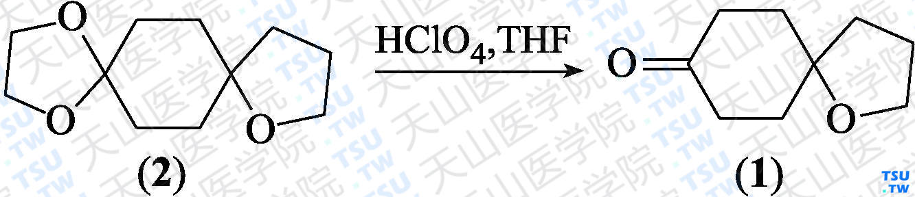 1-氧杂螺[4，5]癸烷-8-酮（分子式：C<sub>9</sub>H<sub>14</sub>O<sub>2</sub>）的合成方法路线及其结构式