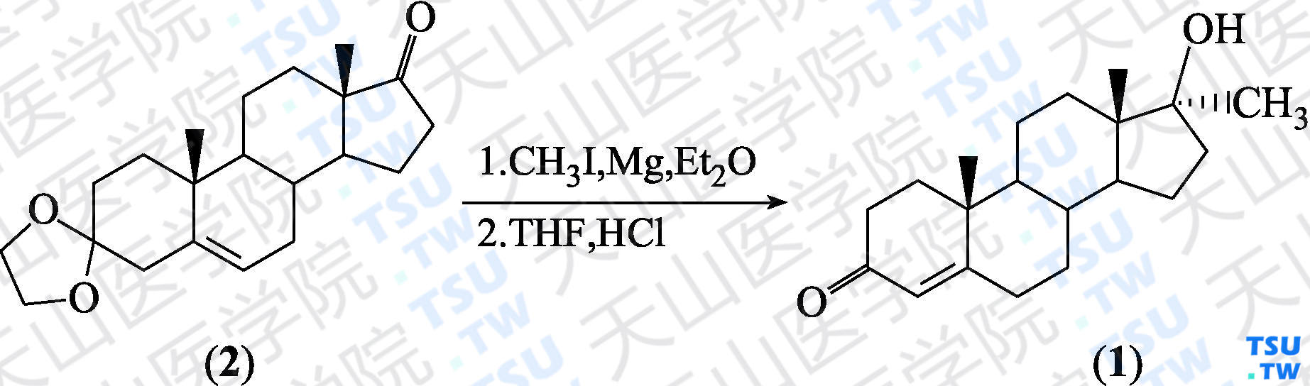 甲睾酮（分子式：C<sub>20</sub>H<sub>30</sub>O<sub>2</sub>）的合成方法路线及其结构式