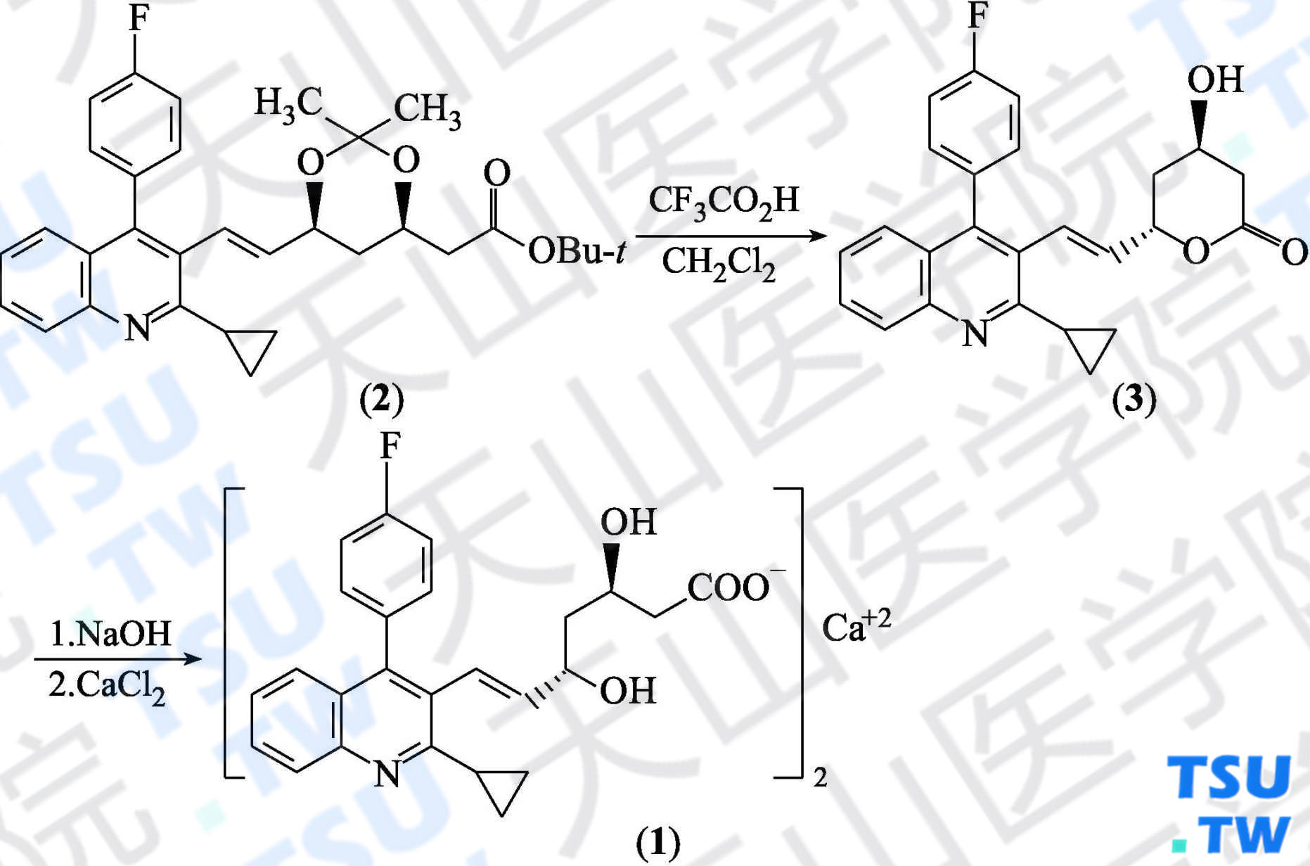 匹伐他汀钙（分子式：C<sub>25</sub>H<sub>23</sub>CaFN<sub>2</sub>O<sub>8</sub>）的合成方法路线及其结构式