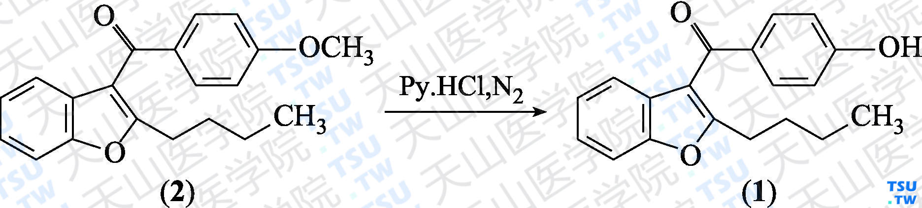 2-丁基-3-（对羟基苯甲酰基）苯并呋喃（分子式：C<sub>19</sub>H<sub>18</sub>O<sub>3</sub>）的合成方法路线及其结构式