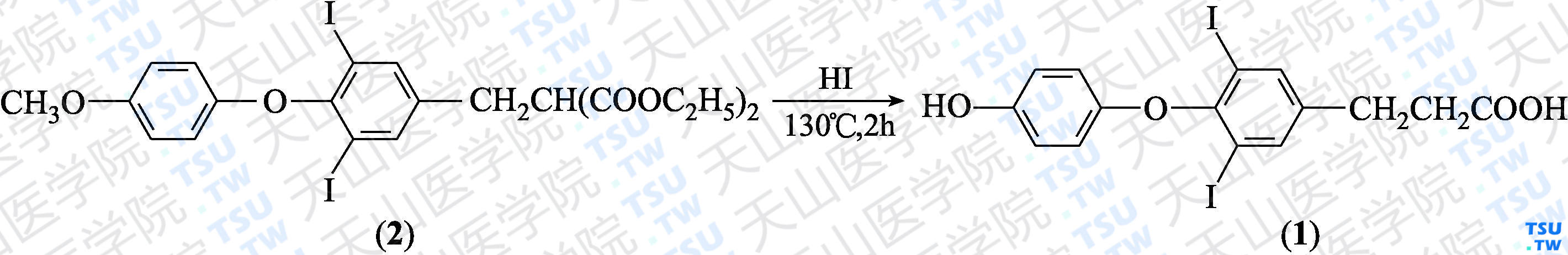3-[3，5-二碘-4-（4-羟基苯氧基）苯基]丙酸（分子式：C<sub>15</sub>H<sub>12</sub>I<sub>2</sub>O<sub>4</sub>）的合成方法路线及其结构式