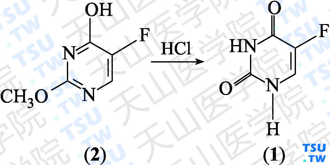 5-氟脲嘧啶（分子式：C<sub>4</sub>H<sub>3</sub>FN<sub>2</sub>O<sub>2</sub>）的合成方法路线及其结构式