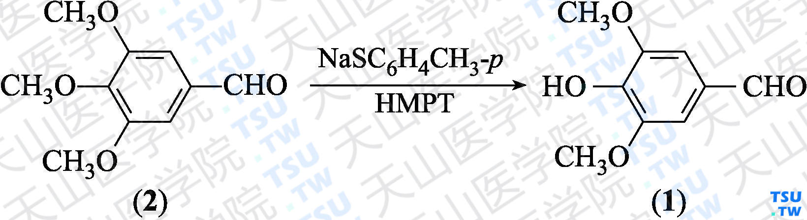 丁香醛（分子式：C<sub>9</sub>H<sub>10</sub>O<sub>4</sub>）的合成方法路线及其结构式