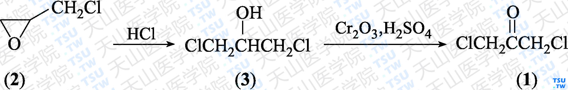 1，3-二氯-2-丙酮（分子式：C<sub>3</sub>H<sub>4</sub>OCl<sub>2</sub>）的合成方法路线及其结构式