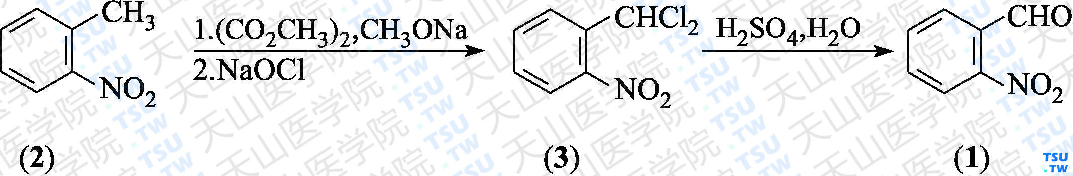 2-硝基苯甲醛（分子式：C<sub>7</sub>H<sub>5</sub>NO<sub>3</sub>）的合成方法路线及其结构式