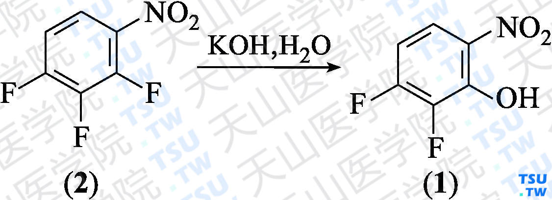 2，3-二氟-6-硝基苯酚（分子式：C<sub>6</sub>H<sub>3</sub>F<sub>2</sub>NO<sub>3</sub>）的合成方法路线及其结构式