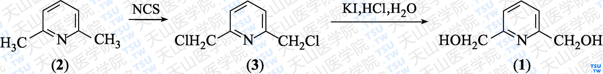 2，6-二羟甲基吡啶（分子式：C<sub>7</sub>H<sub>9</sub>NO<sub>2</sub>）的合成方法路线及其结构式