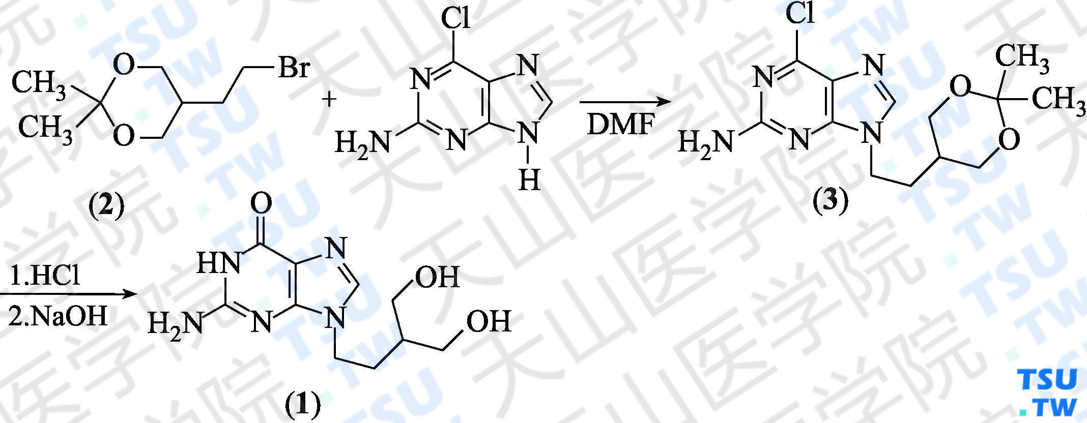 喷昔洛韦（分子式：C<sub>10</sub>H<sub>15</sub>N<sub>5</sub>O<sub>3</sub>）的合成方法路线及其结构式