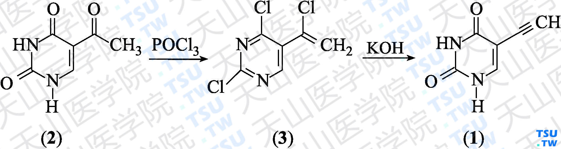 5-乙炔基尿嘧啶（分子式：C<sub>6</sub>H<sub>4</sub>N<sub>2</sub>O<sub>2</sub>）的合成方法路线及其结构式